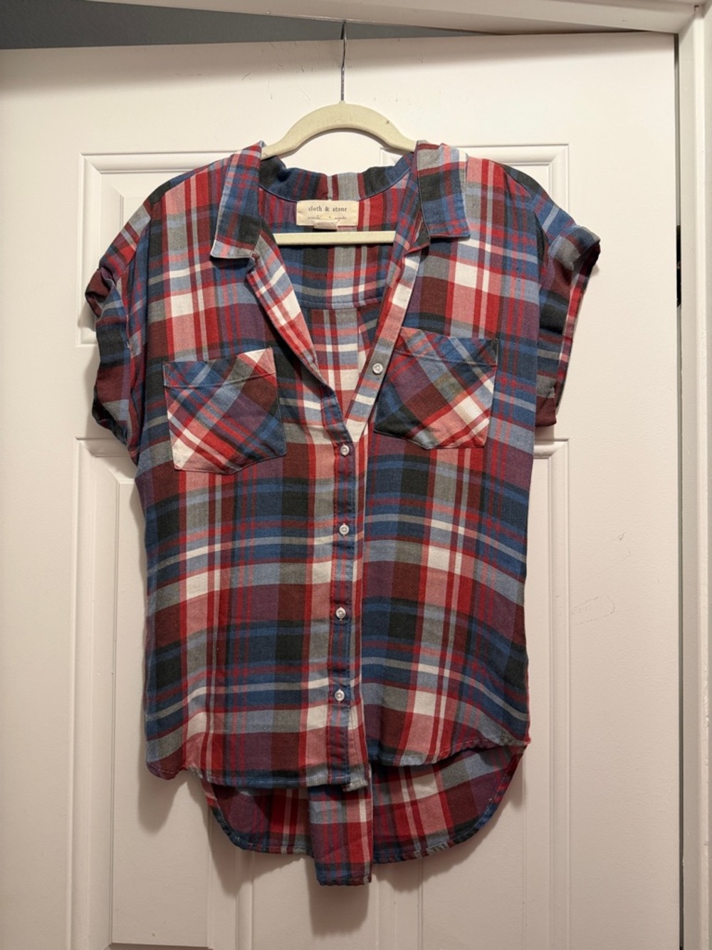 Cloth & Stone Red Blue White Plaid Cap-Sleeve Button Shirt